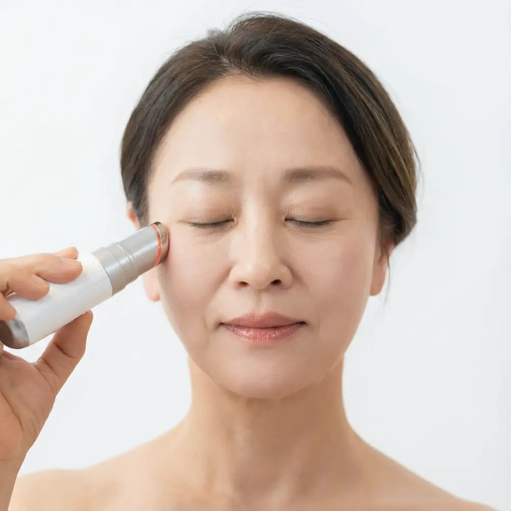 Middle-aged woman receiving a facial massage with a radiofrequency device to promote collagen production.