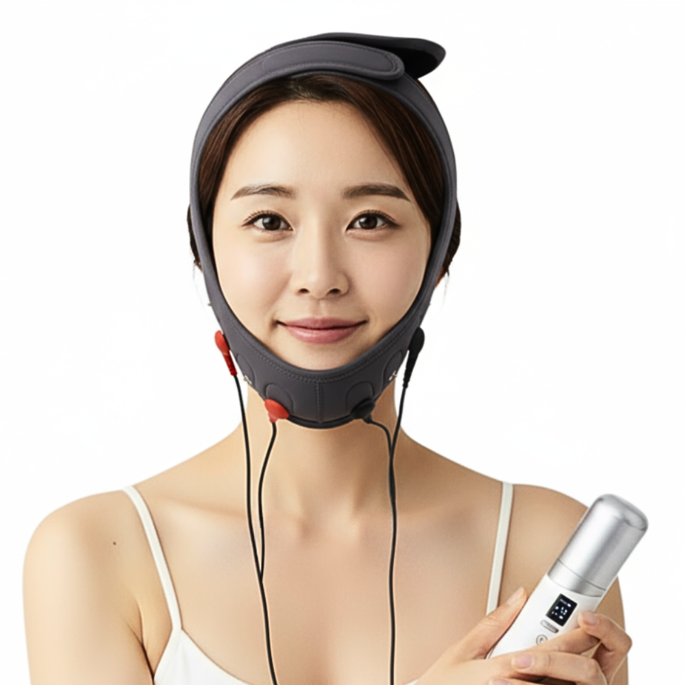 Modelo que muestra la banda de lifting facial EMS de VERYAN Cuti Pro, diseñada para elevar y tonificar los músculos faciales para el cuidado estético domiciliario y la distribución profesional.