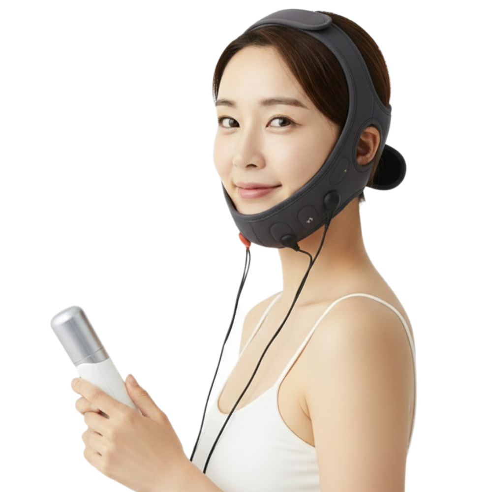 Vista lateral de una modelo que lleva la banda de lifting facial EMS, eficaz para reafirmar la línea de la mandíbula y tensar el mentón mediante tecnología de microcorriente.