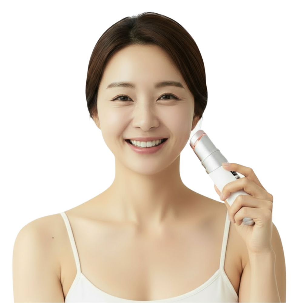 Modelo que aplica el modo RF y EP de VERYAN Cuti Pro para elevar e iluminar la piel del rostro. Adecuado para distribuidores y clientes OEM que buscan dispositivos de belleza coreanos avanzados.