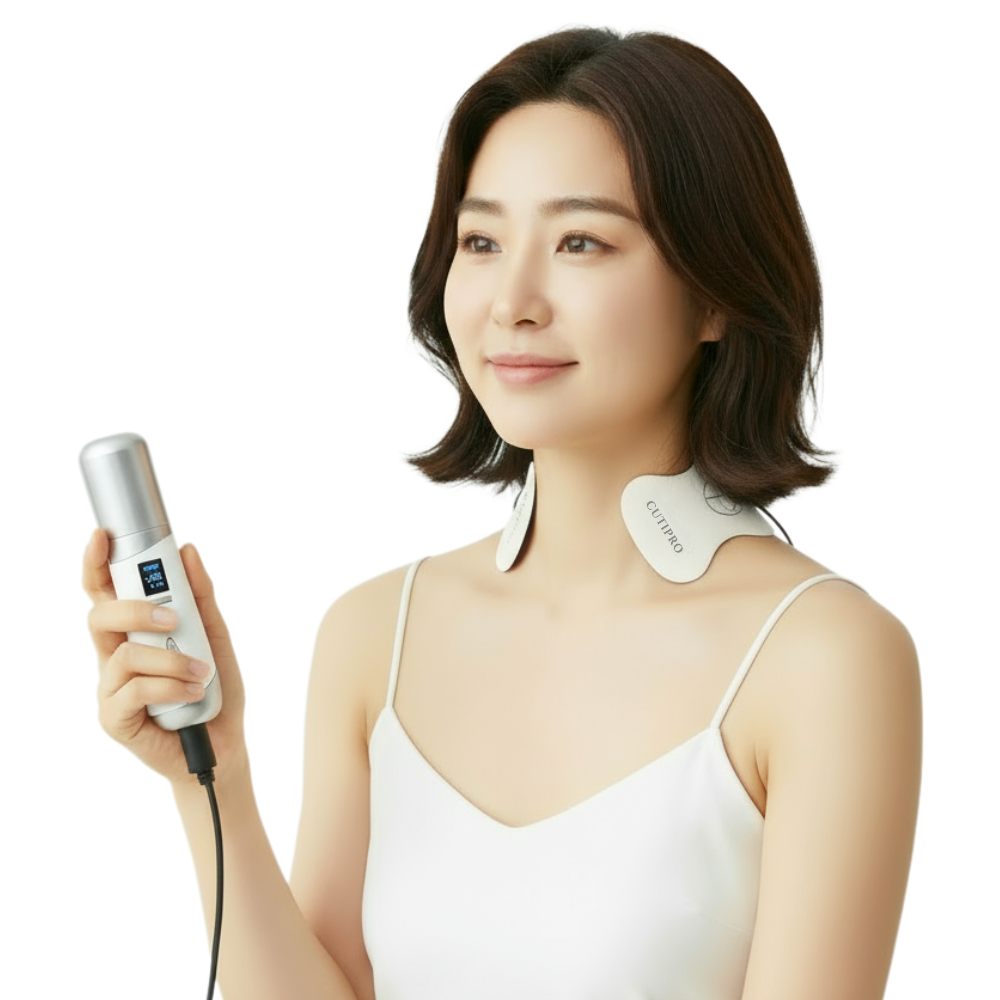 Modelo utilizando almohadillas EMS de VERYAN Cuti Pro en el cuello y los hombros para la relajación corporal, el alivio de la tensión y la mejora de la circulación - ideal para el bienestar y el cuidado del cuerpo de abastecimiento.